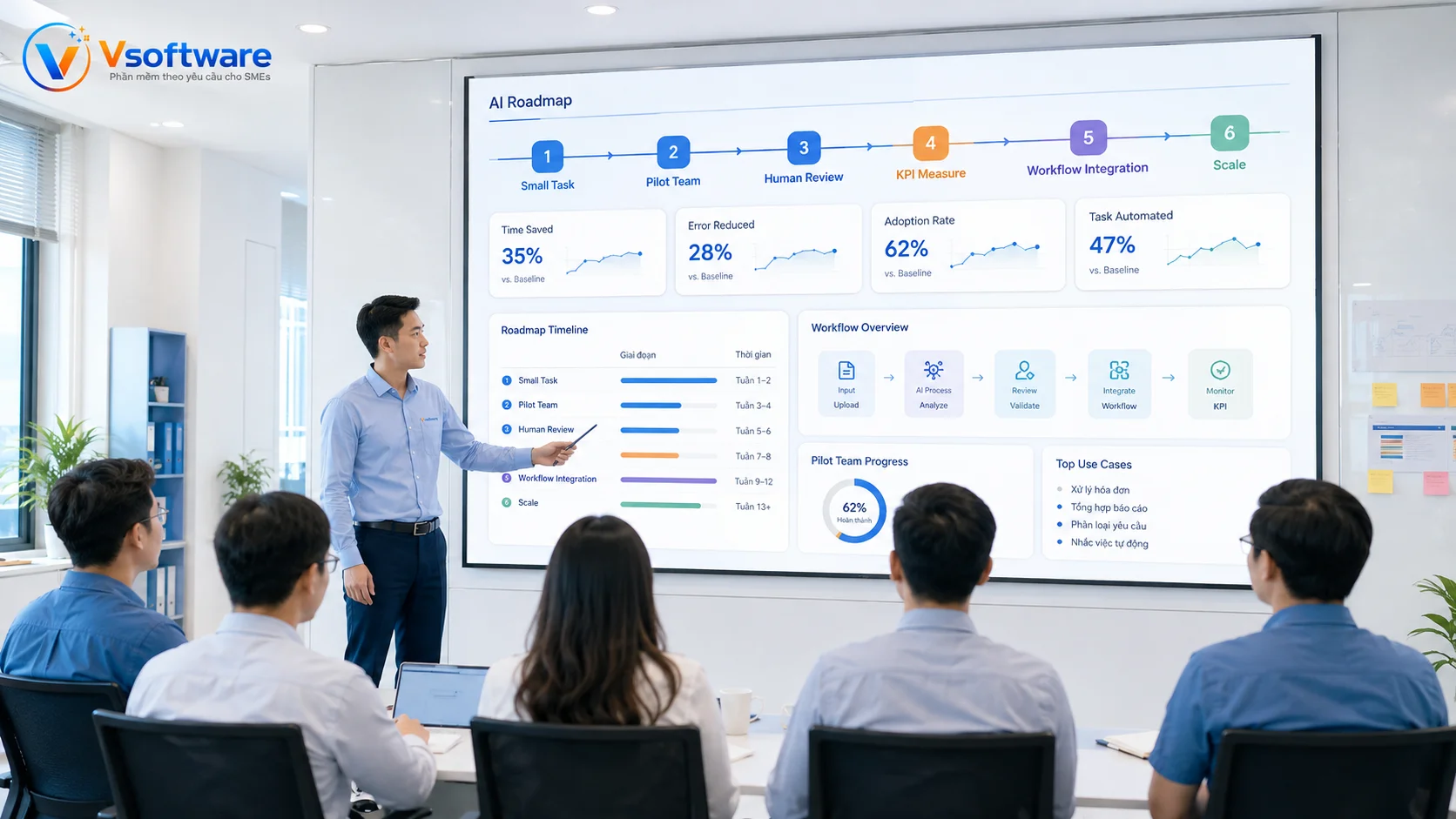 Lộ trình giảm việc thủ công bằng AI từ tác vụ nhỏ đến mở rộng theo KPI