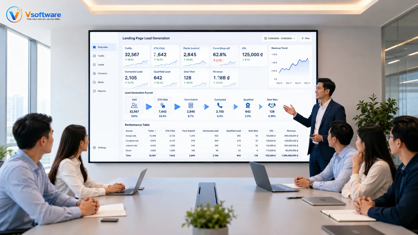 Dashboard đo lường Landing Page thu lead với traffic CTA form CPL qualified lead deal won và revenue