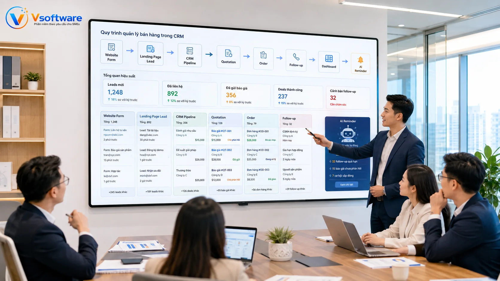 CRM kết nối website Landing Page Zalo Facebook báo giá đơn hàng dashboard và AI Agent