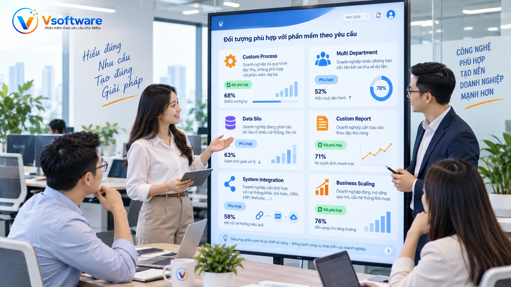 Doanh nghiệp phù hợp phần mềm theo yêu cầu gồm quy trình đặc thù nhiều phòng ban dữ liệu rời rạc báo cáo riêng và tích hợp hệ thống