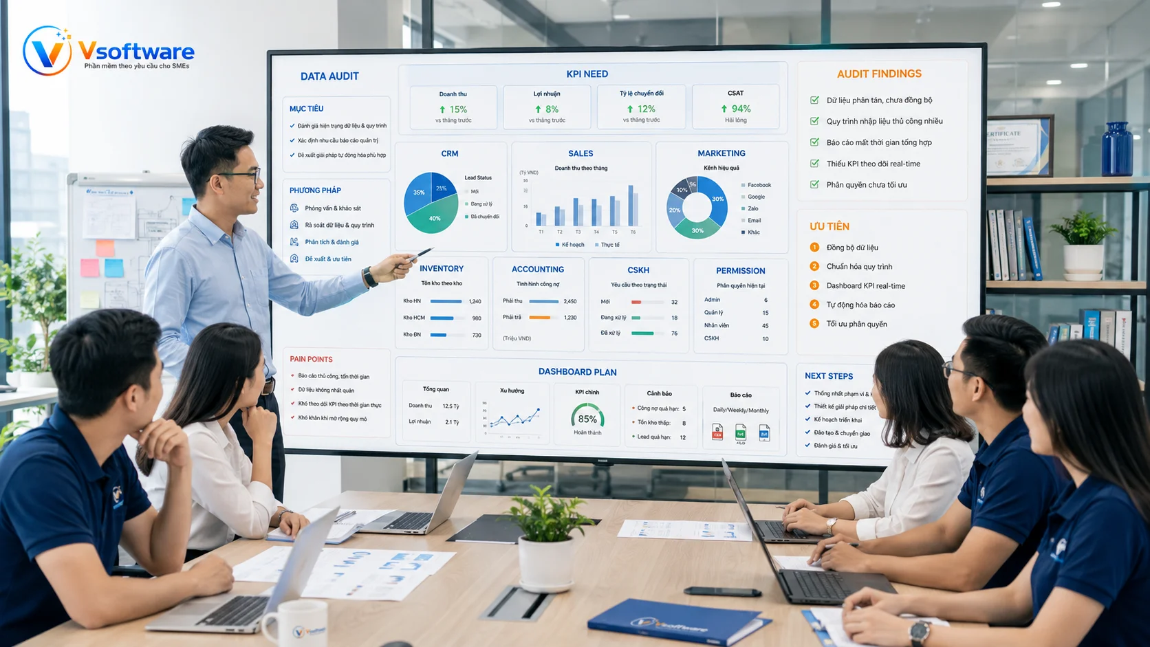 Vsoftware khảo sát data audit KPI CRM Sales Marketing Inventory Accounting CSKH permission và dashboard plan trước khi tự động hóa báo cáo