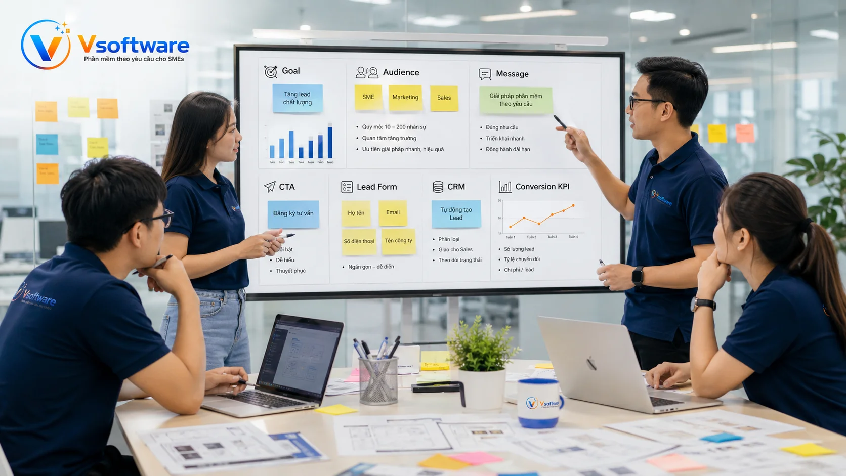 Vsoftware khảo sát mục tiêu quảng cáo CTA form CRM và KPI trước khi thiết kế Landing Page