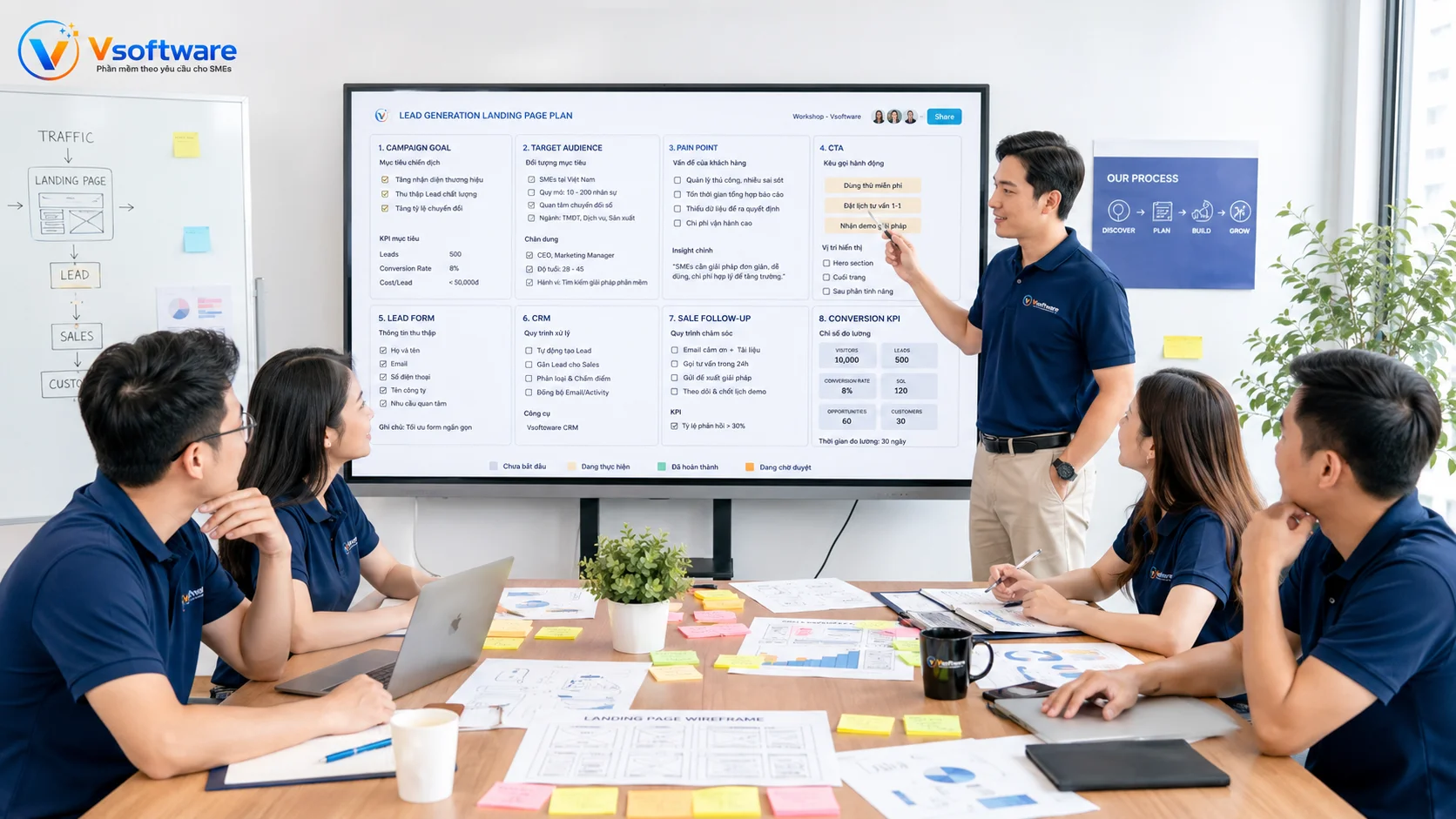 Vsoftware khảo sát campaign goal target audience pain point CTA lead form CRM sale follow-up và conversion KPI