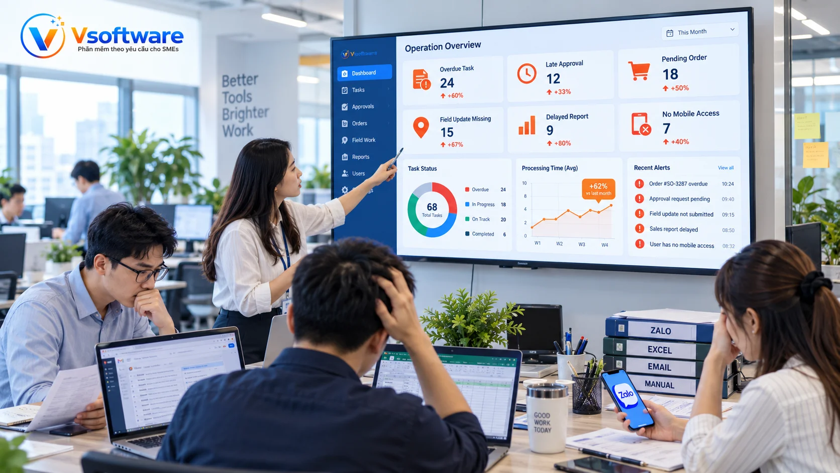 Vận hành chậm khi không có App doanh nghiệp do task quá hạn phê duyệt trễ đơn hàng chờ và báo cáo muộn
