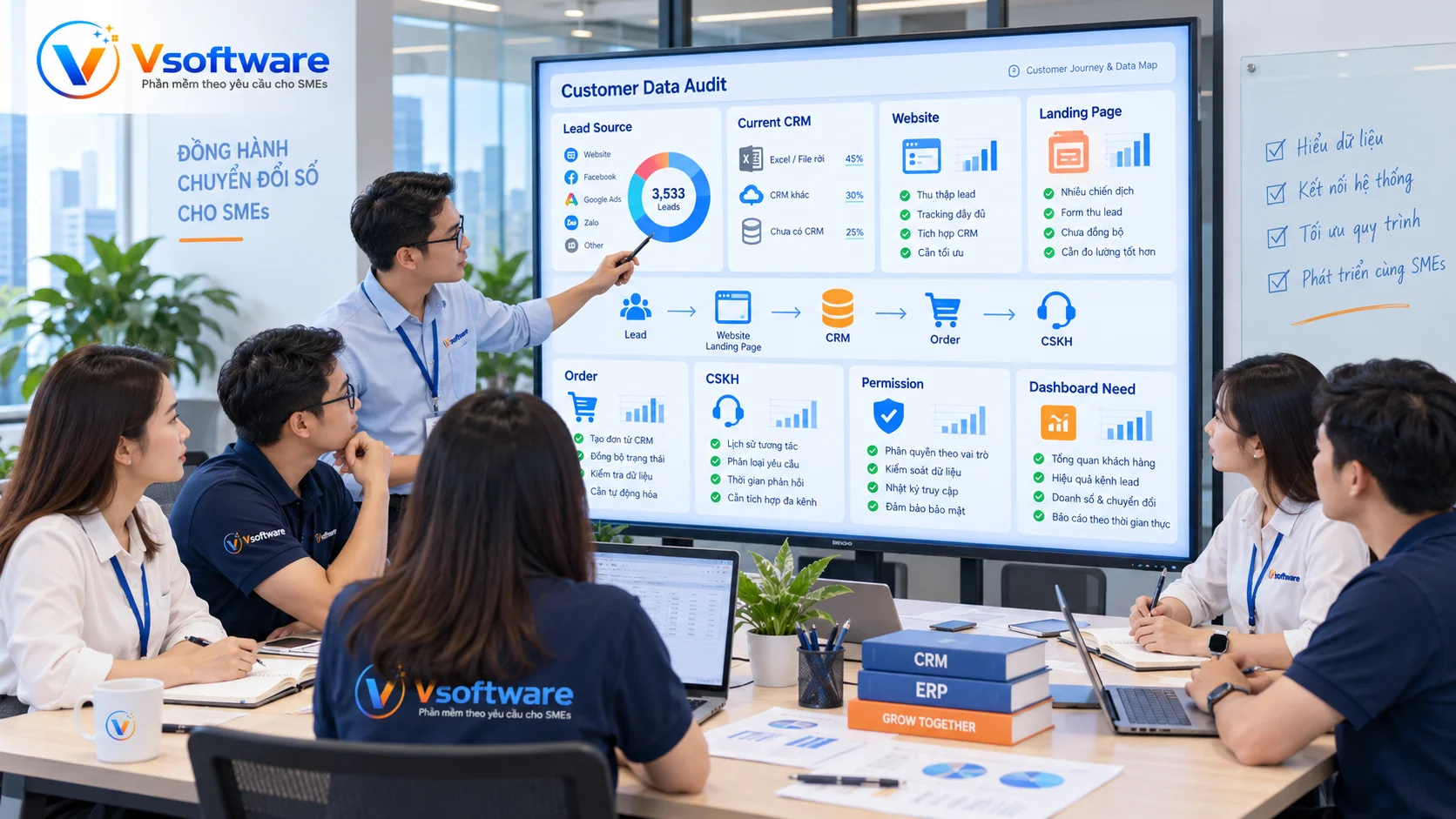 Vsoftware khảo sát customer data audit lead source CRM website Landing Page order CSKH permission và dashboard trước khi tích hợp CRM