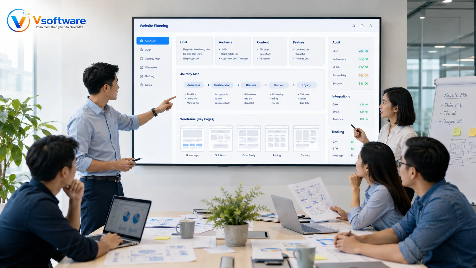Vsoftware khảo sát mục tiêu nội dung tính năng SEO CRM và tracking trước khi làm website