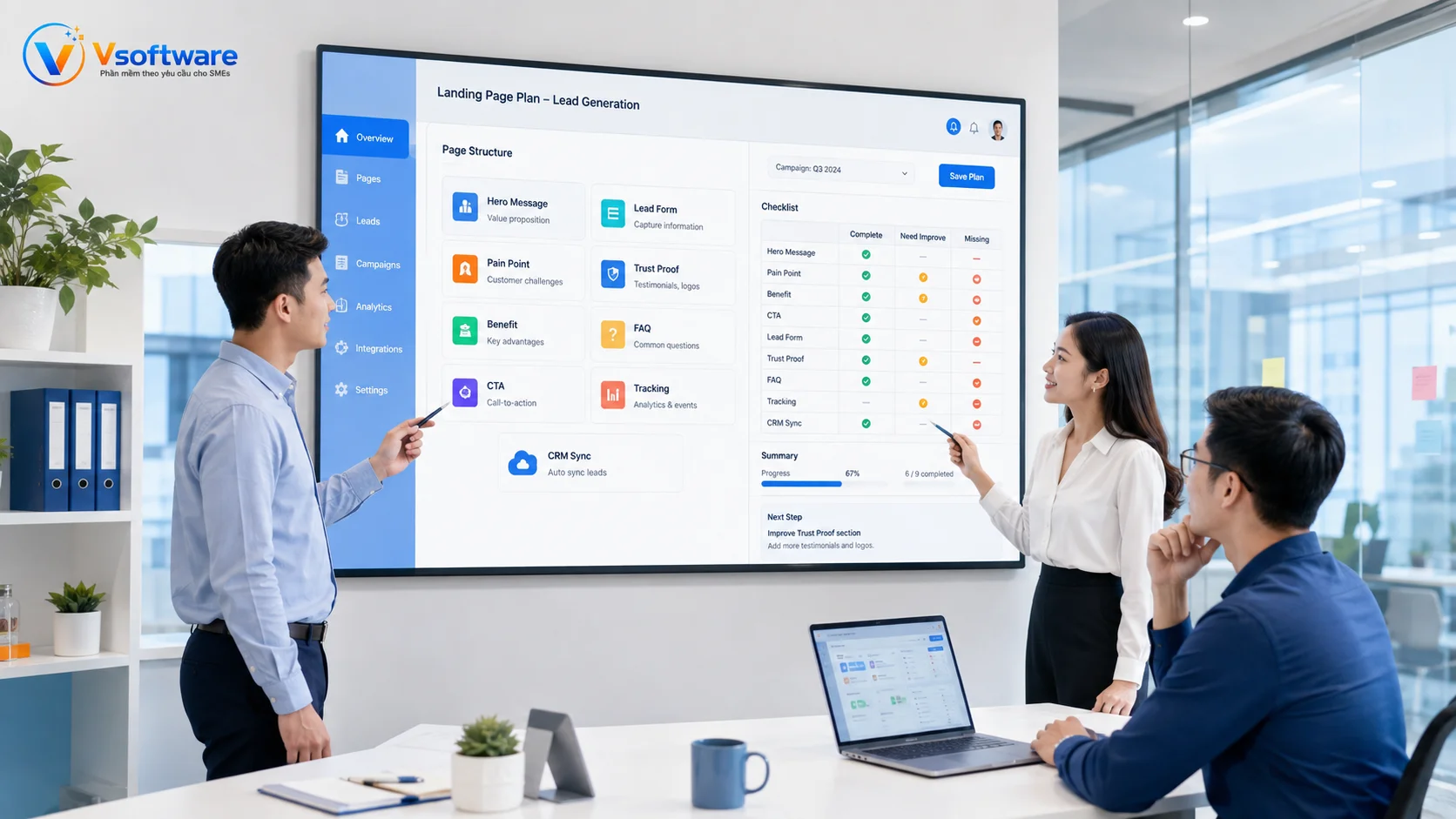 Cấu trúc Landing Page thu lead hiệu quả gồm hero message pain point benefit CTA form trust proof FAQ tracking và CRM sync