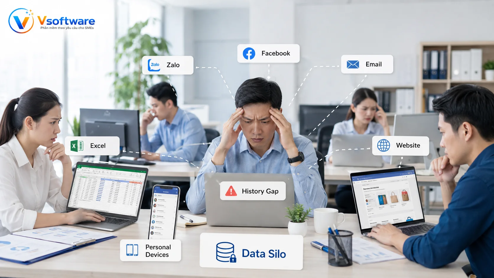 Dữ liệu khách hàng bị phân tán ở Excel, Zalo, Facebook, email và website