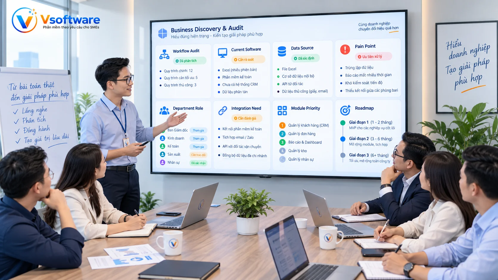 Doanh nghiệp chuẩn bị business pain process map user role data field module priority MVP permission và KPI trước khi làm phần mềm theo yêu cầu