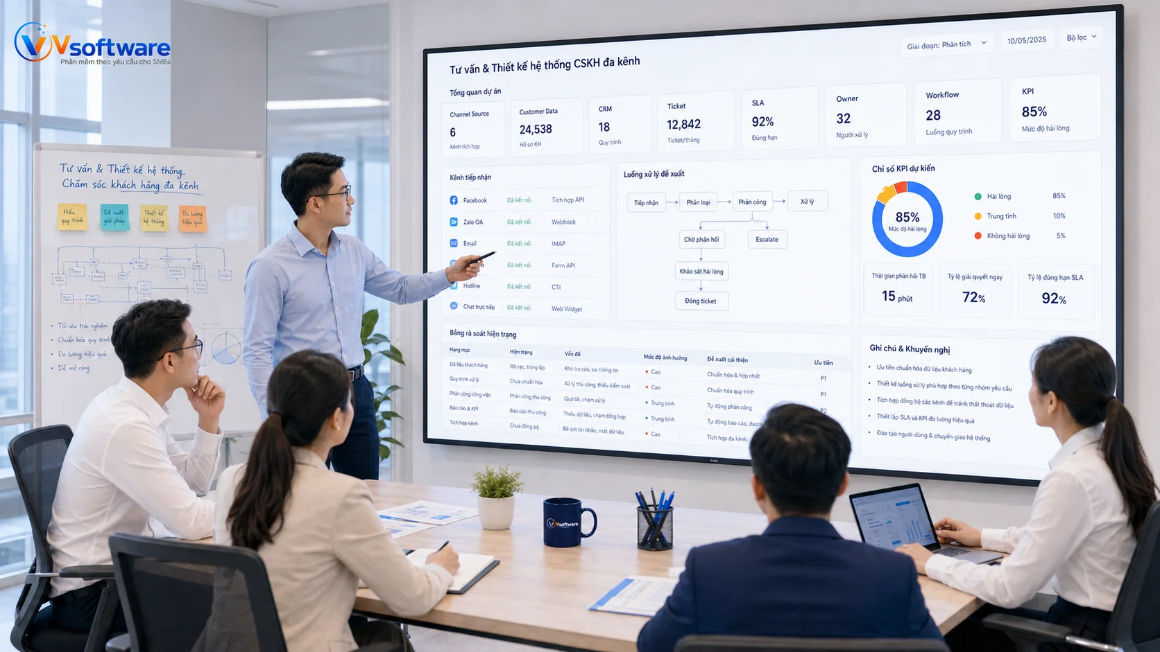 Vsoftware khảo sát kênh CSKH CRM ticket SLA workflow và KPI trước khi triển khai tự động hóa