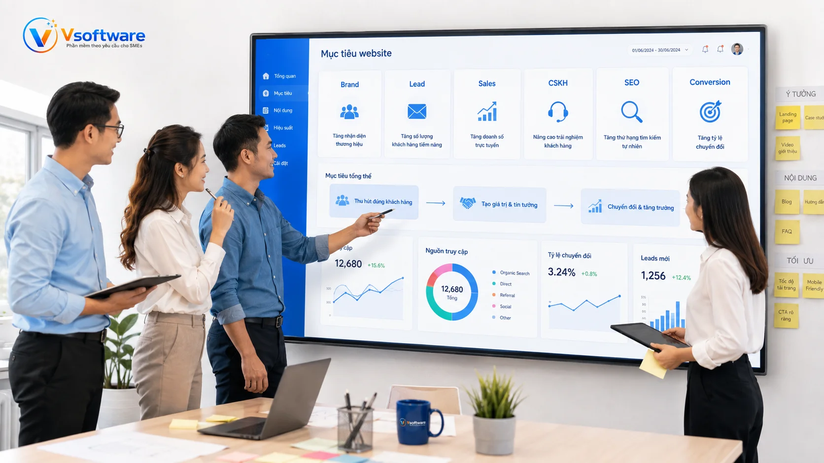 Xác định mục tiêu website gồm thương hiệu lead bán hàng CSKH SEO và chuyển đổi